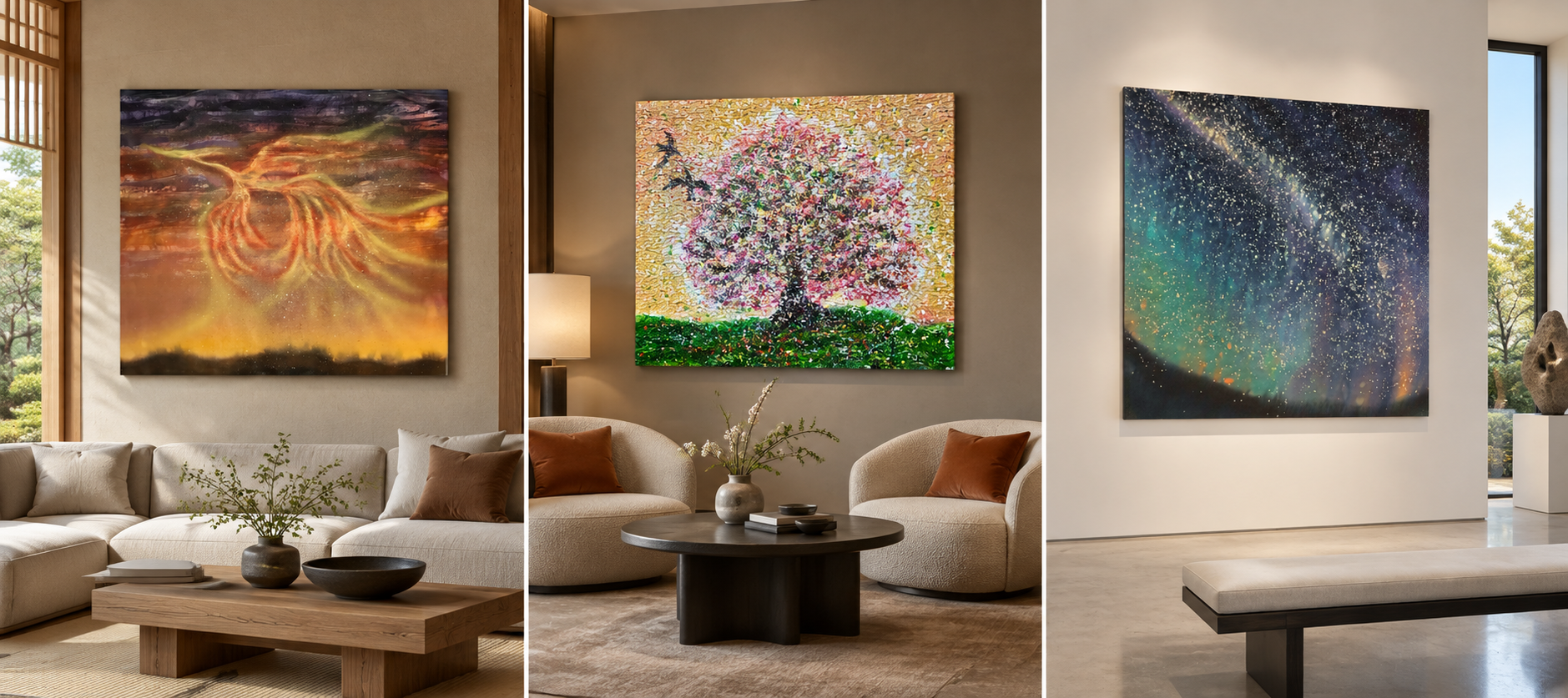Three concept visualisations of Shibuki paintings displayed in interiors